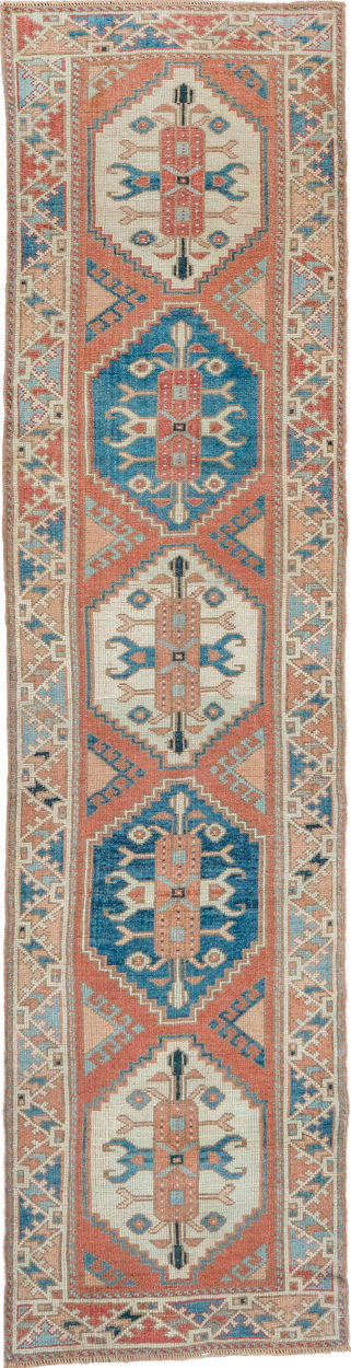 2' x 9' one-of-a-kind handmade vintage Oushak runner rug. Color palette: arapawa, blue, brown, gray, light blue, light gray