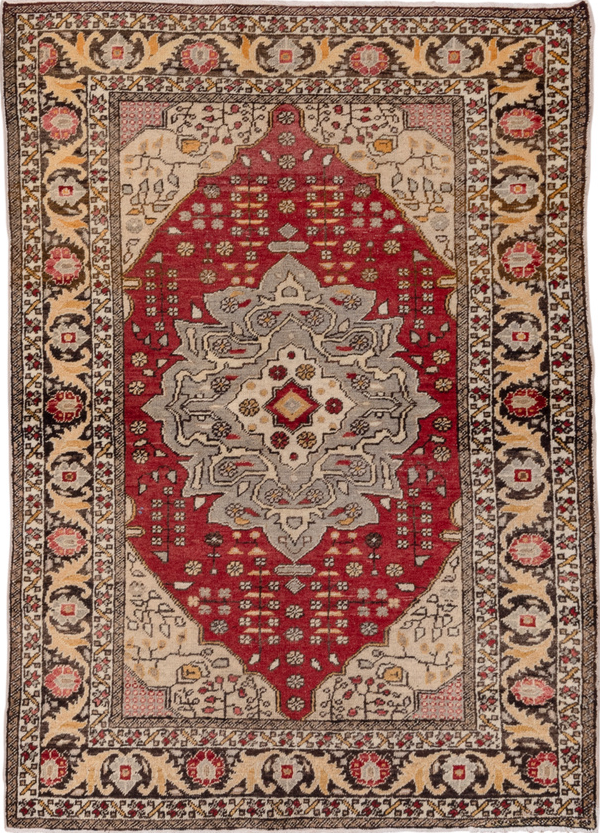 4' x 6' one-of-a-kind handmade vintage Oushak small size rug. Color palette: brown, gray, light gray, off-white, pink, red