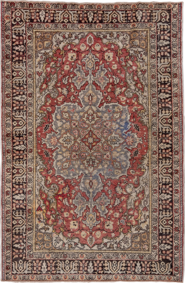 4' x 6' one-of-a-kind handmade vintage Oushak small size rug. Color palette: brown, gray, light gray, off-white, pink, red