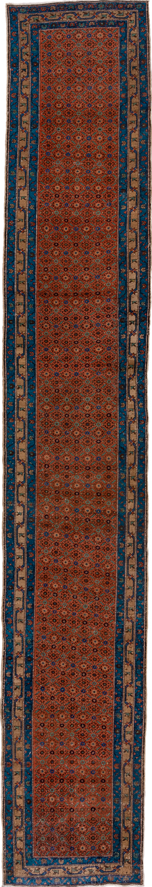 2' x 17' one-of-a-kind handmade vintage Heriz runner rug. Color palette: blue, brown, gray, off-white, pink, snow, white