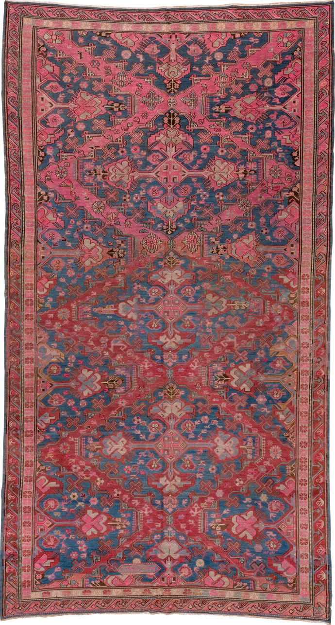 6' x 11' one-of-a-kind handmade vintage Sumak large size rug. Color palette: blue, brown, gray, pink, red, redwood