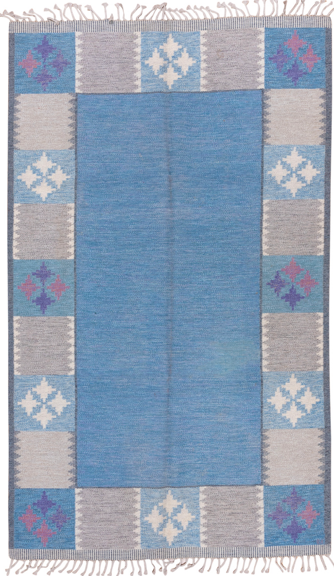 6' x 9' one-of-a-kind handmade vintage Rollaken medium size rug. Color palette: blue, gray, light blue, light gray
