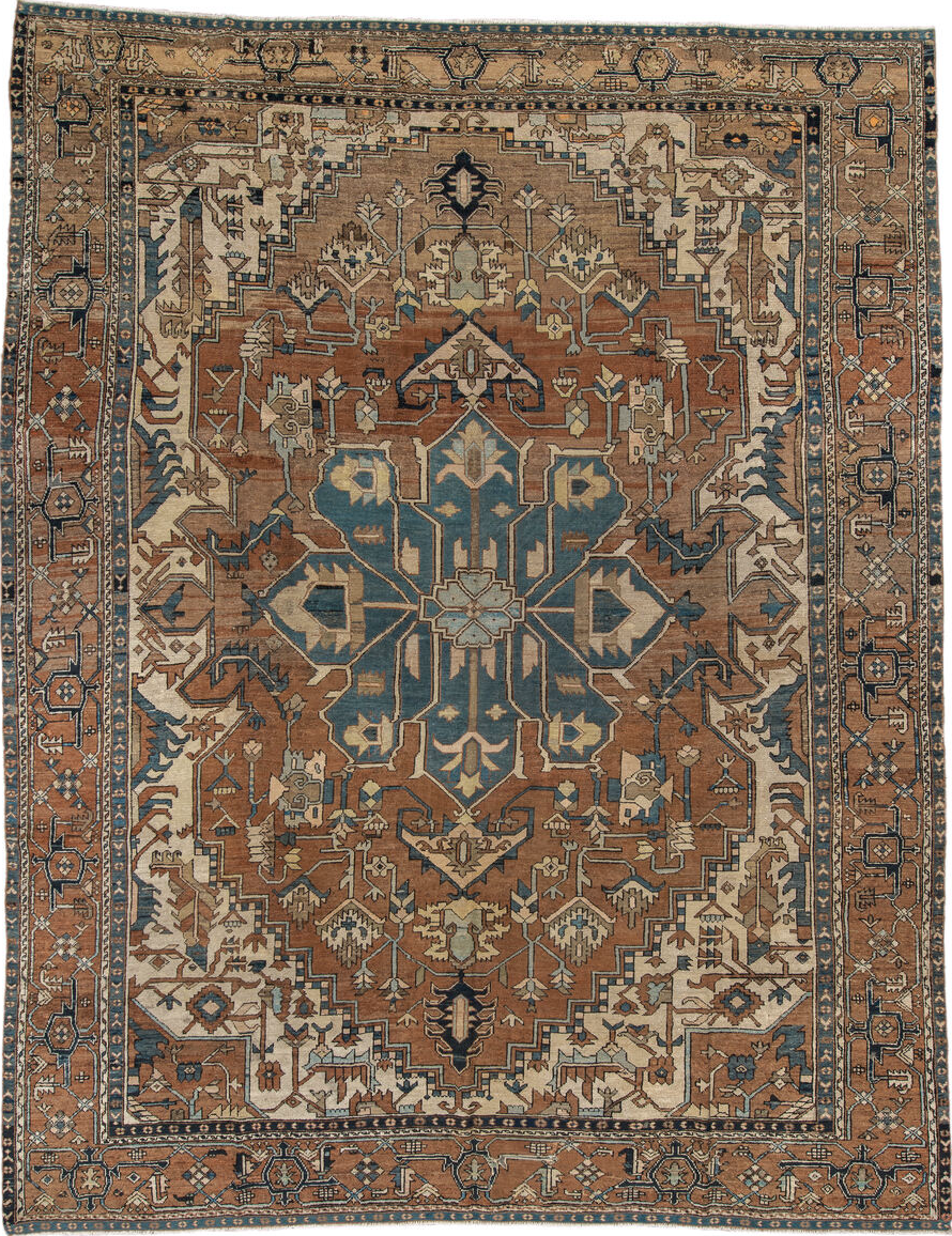 11' x 14' one-of-a-kind handmade vintage Serapi oversize rug. Color palette: gray, blue, brown, black, off-white, dark gray