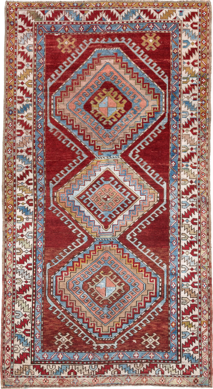 4' x 7' one-of-a-kind handmade vintage Kazak rug. Color palette: blue, brown, dim gray, gainsboro, gray, light blue