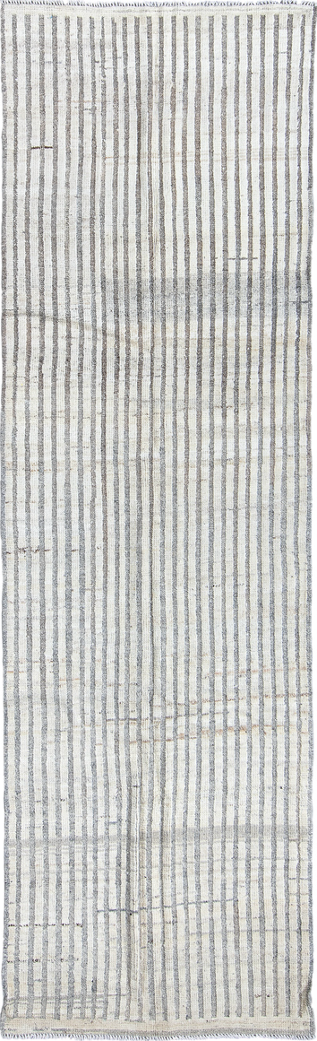 2' x 10' one-of-a-kind handmade vintage Tulu runner rug. Color palette: blue, dark gray, dim gray, gainsboro, gray