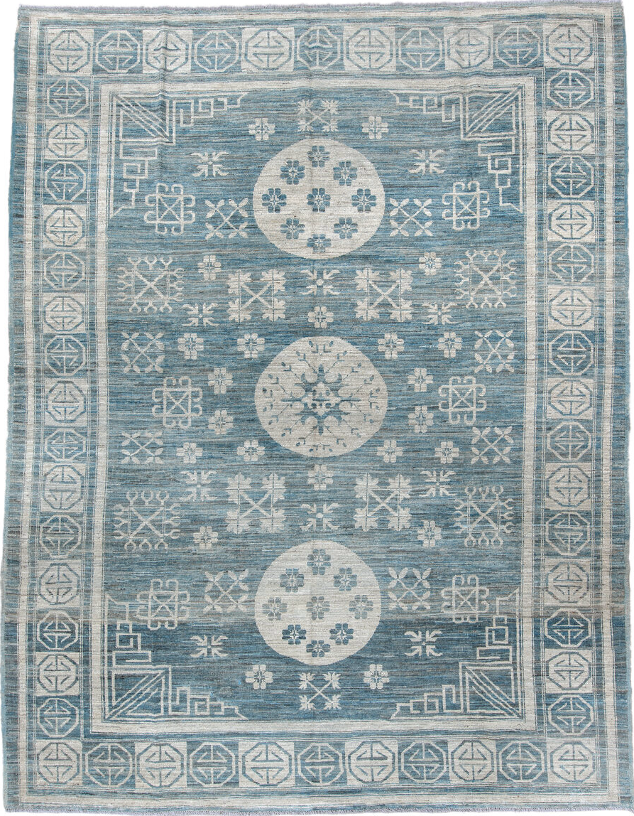 9' x 11' one-of-a-kind handmade vintage Oushak large size rug. Color palette: gray, blue, light gray, light blue, off-white