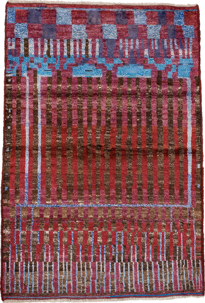3' x 5' one-of-a-kind handmade vintage Moroccan small size rug. Color palette: blue, brown, gainsboro, gray, light blue