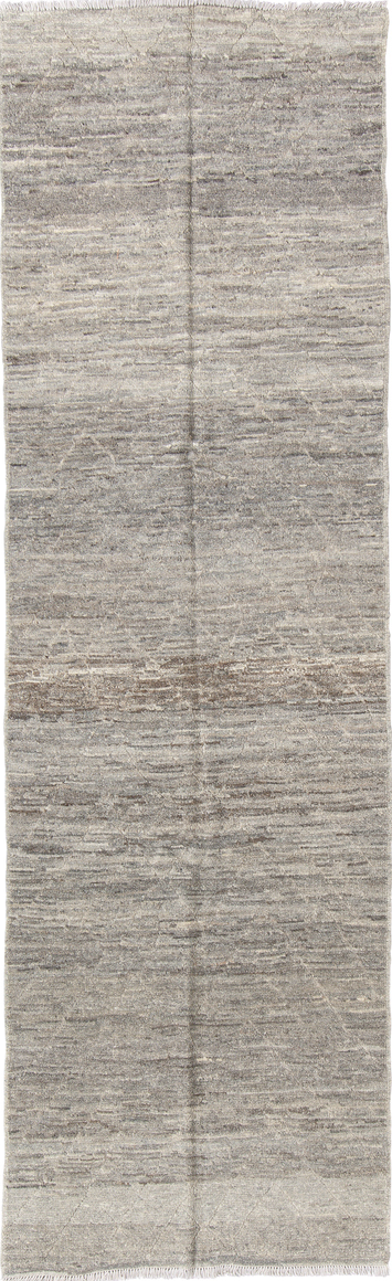 3' x 9' one-of-a-kind handmade vintage Tulu runner rug. Color palette: dim gray, gray, light gray, off-white, pink, silver