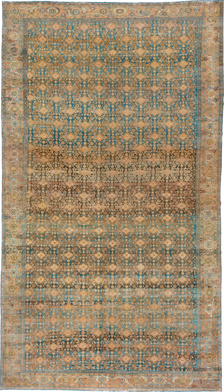 11' x 20' one-of-a-kind handmade vintage Malayer oversize rug. Color palette: black, blue, brown, gray, light gray