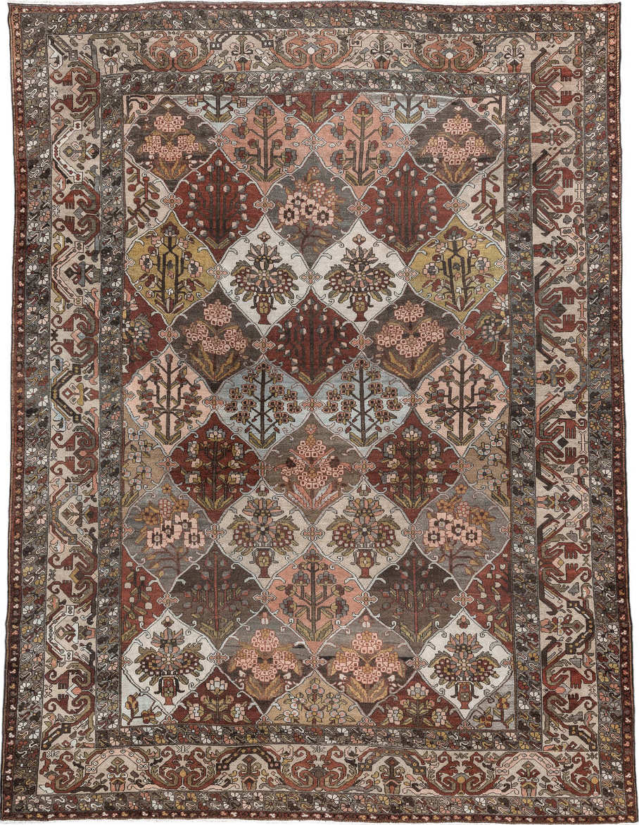 10' x 13' one-of-a-kind handmade vintage Baktiary large size rug. Color palette: gray, brown, light gray, off-white, pink
