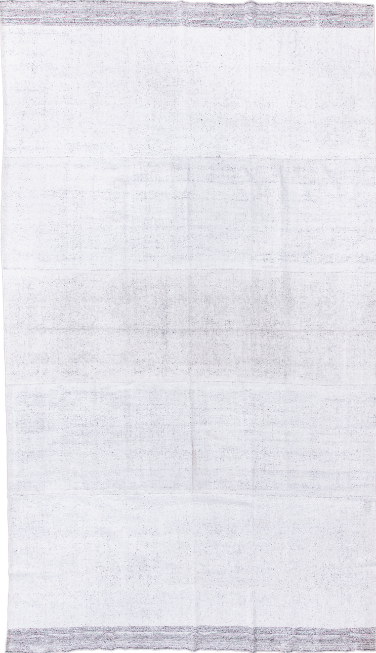 8' x 15' one-of-a-kind handmade vintage Flatweave rug. Color palette: light gray, off-white, gray, light blue, pink