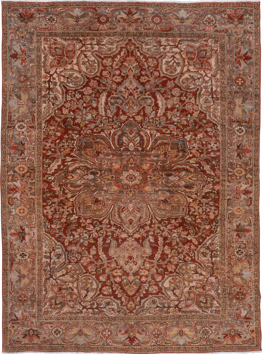 8' x 11' one-of-a-kind handmade vintage Heriz large size rug. Color palette: brown, gray, pink