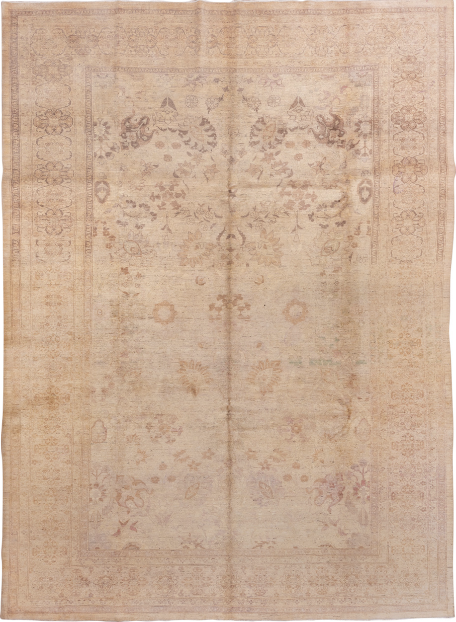 10' x 14' one-of-a-kind handmade vintage Tabriz large size rug. Color palette: brown, off-white, pink, orange, gray