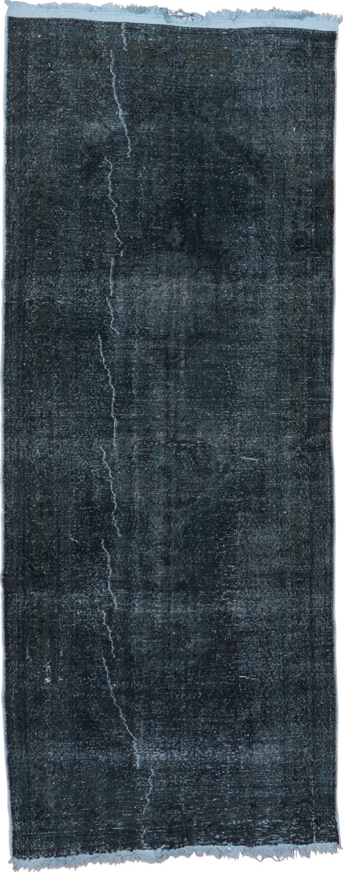 4' x 11' one-of-a-kind handmade vintage Overdyed runner rug. Color palette: black, blue, charcoal, gray, light blue