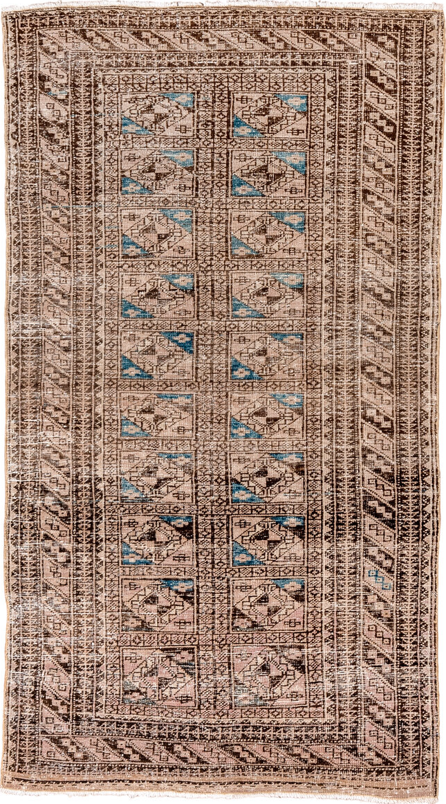 3' x 5' one-of-a-kind handmade vintage Belouch small size rug. Color palette: black, blue, brown, gray, off-white, orange