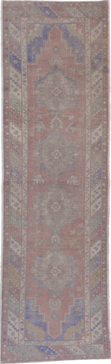 3' x 10' one-of-a-kind handmade vintage Oushak runner rug. Color palette: dark gray, gray, light gray, off-white, pink