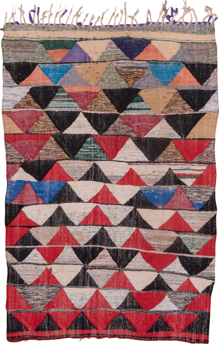 5' x 8' one-of-a-kind handmade vintage Rag Rug medium size rug. Color palette: black, blue, brown, charcoal, dim gray, gray