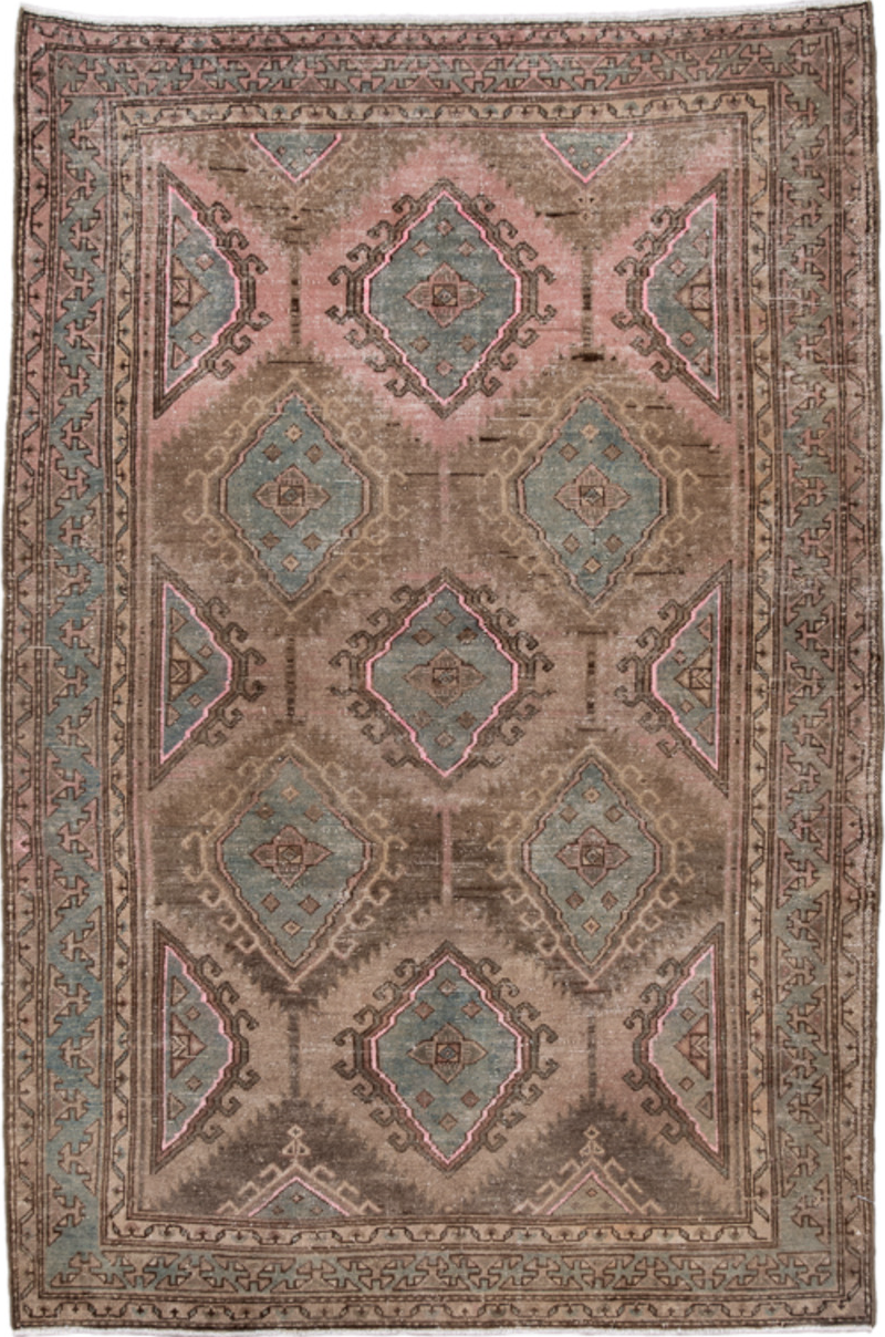 4' x 6' one-of-a-kind handmade vintage Hamadan small size rug. Color palette: brown, dim gray, gray, pink