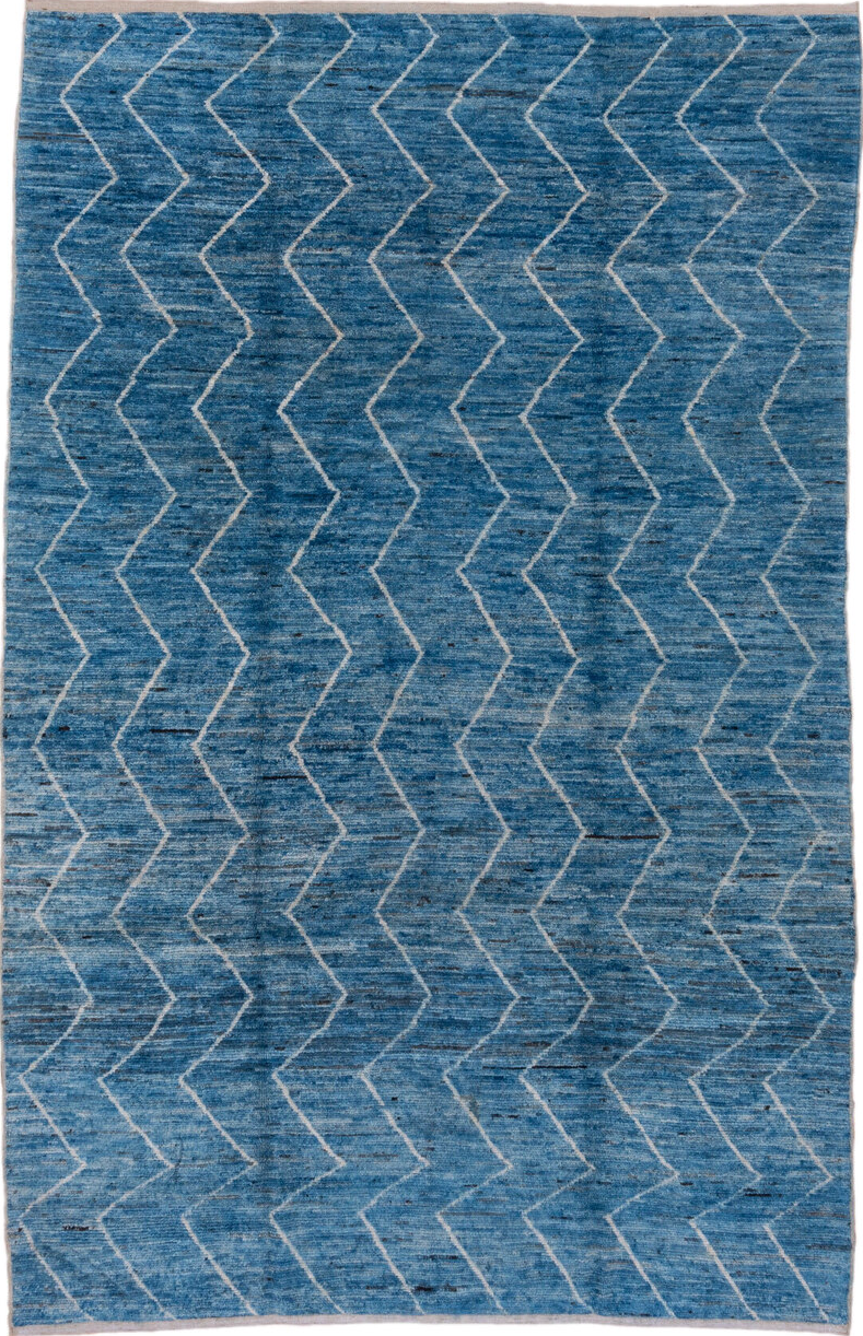 6' x 10' one-of-a-kind handmade vintage Moroccan large size rug. Color palette: arapawa, blue, gray, light blue, light gray