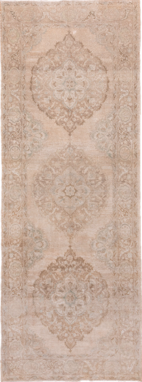 5' x 13' one-of-a-kind handmade vintage Oushak rug. Color palette: brown, gray, light gray, off-white, orange, pink, snow