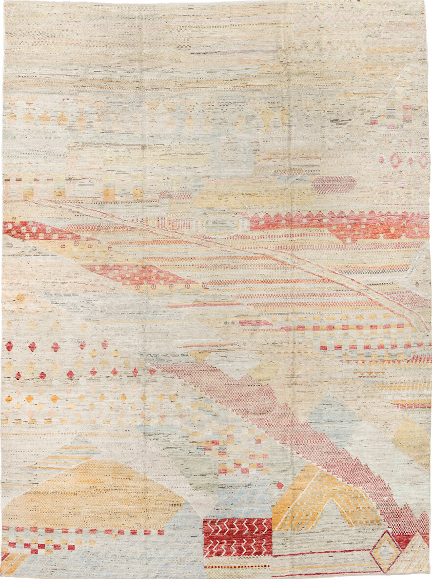 10' x 13' one-of-a-kind handmade vintage Tulu large size rug. Color palette: brown, gray, light gray, off-white, pink, red