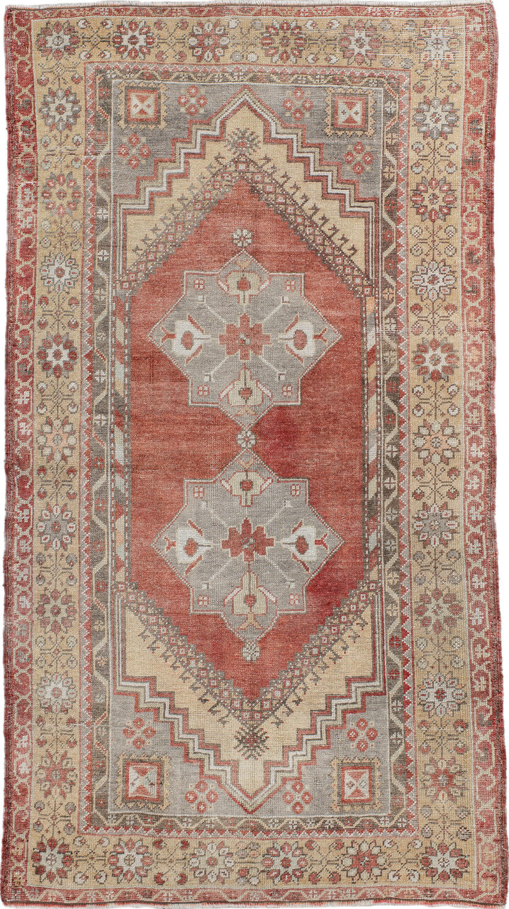 3' x 6' one-of-a-kind handmade vintage Anatol small size rug. Color palette: gray, red, brown, light gray, off-white, orange