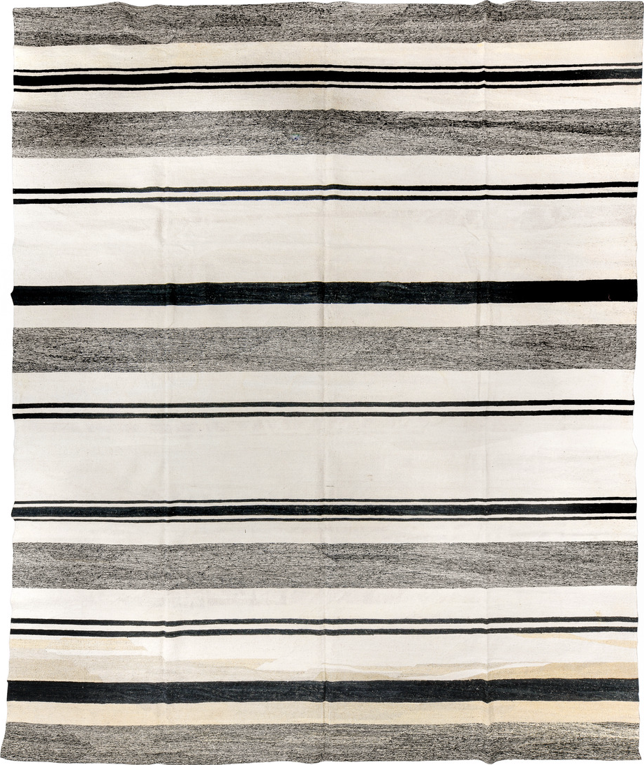 13' x 16' one-of-a-kind handmade vintage Kilim oversize rug. Color palette: black, brown, charcoal, dark gray, dim gray