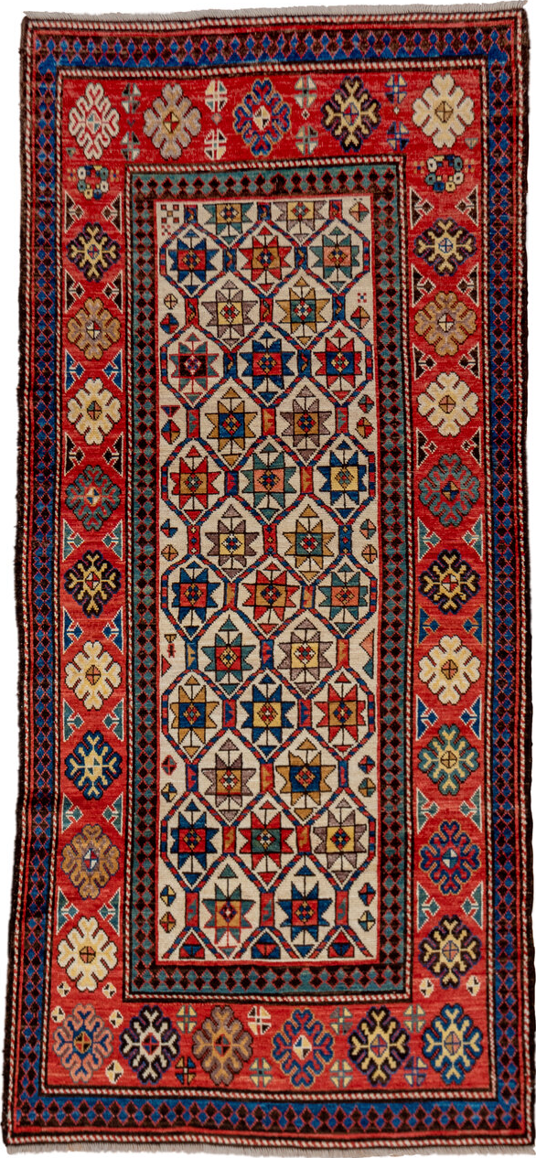 3' x 8' one-of-a-kind handmade vintage Kazak runner rug. Color palette: blue, brown, gray, orange, red