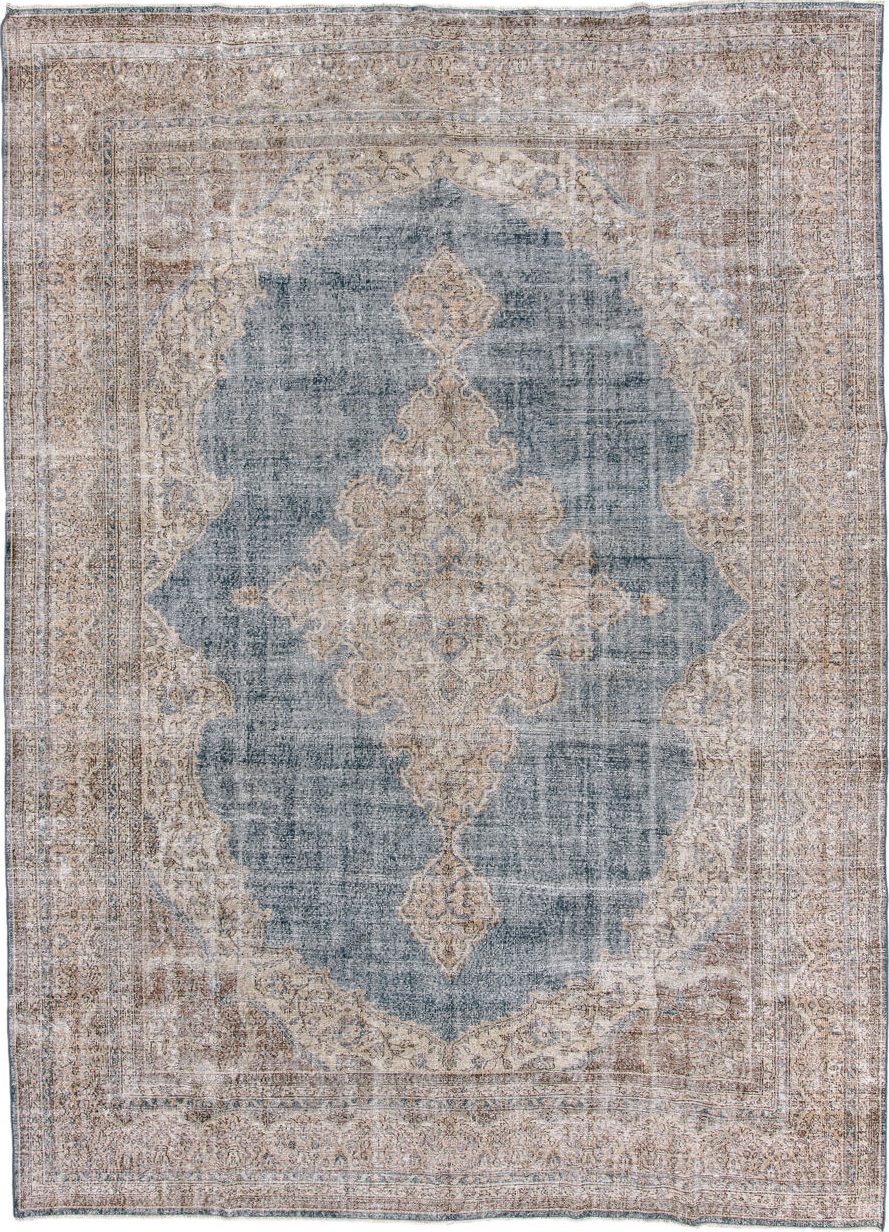 9' x 13' one-of-a-kind handmade vintage Sparta large size rug. Color palette: black, blue, brown, dark gray, gainsboro, gray