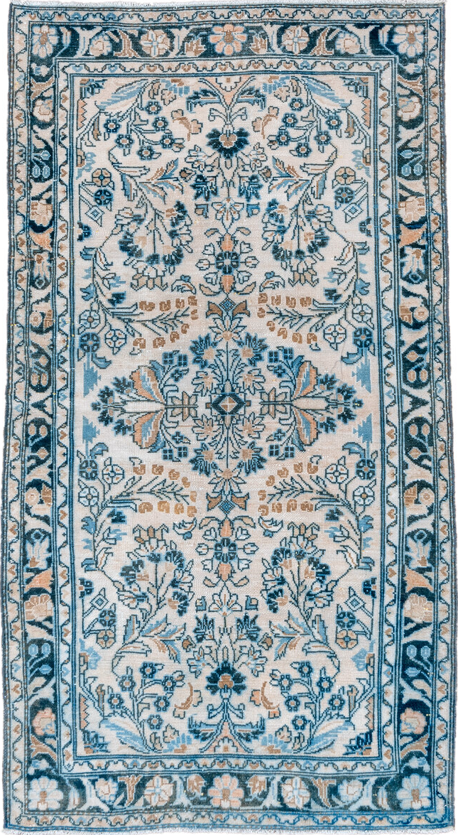 3' x 6' one-of-a-kind handmade vintage Lilian small size rug. Color palette: blue, dim gray, gainsboro, gray, light blue