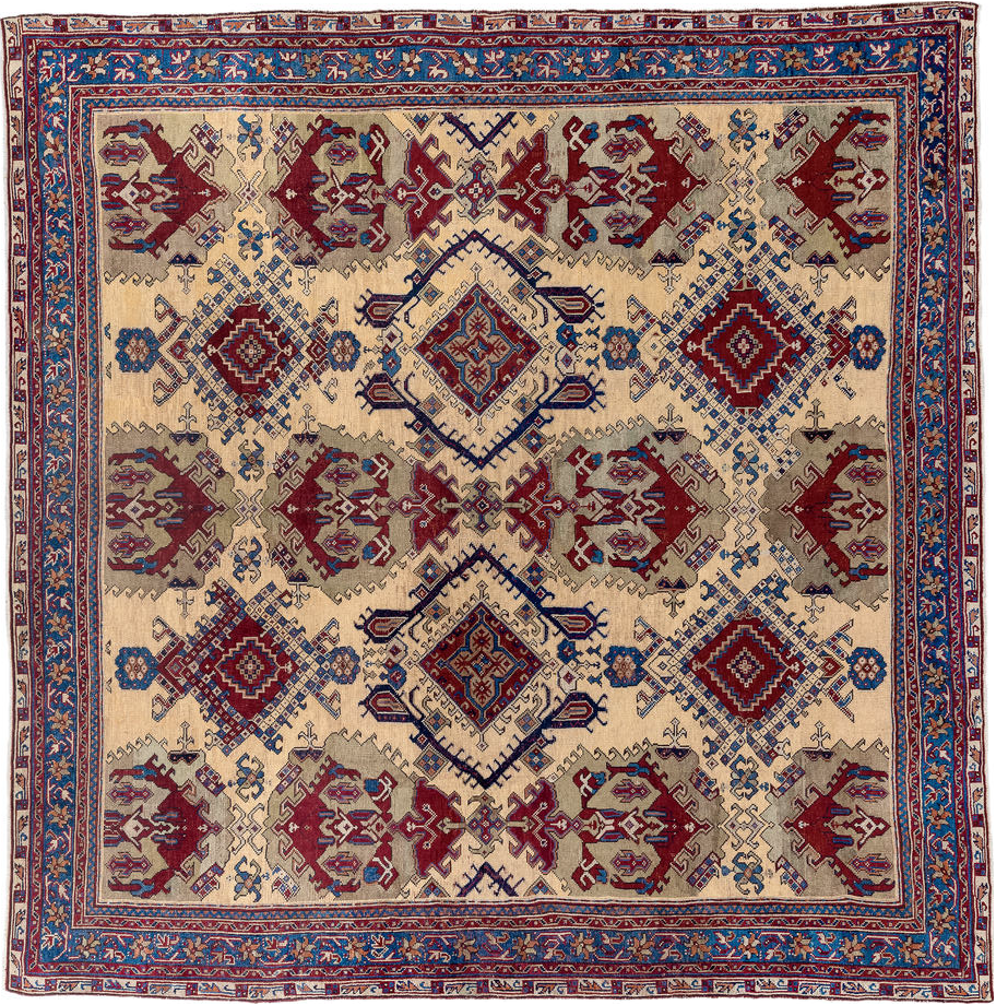 14' x 14' one-of-a-kind handmade vintage Oushak oversize rug. Color palette: gray, blue, off-white, orange, pink, brown, red
