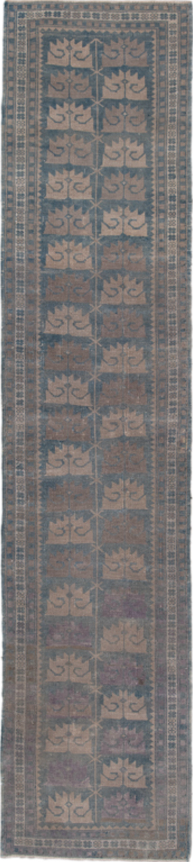 2' x 9' one-of-a-kind handmade vintage Oushak runner rug. Color palette: blue, dim gray, gray, pink