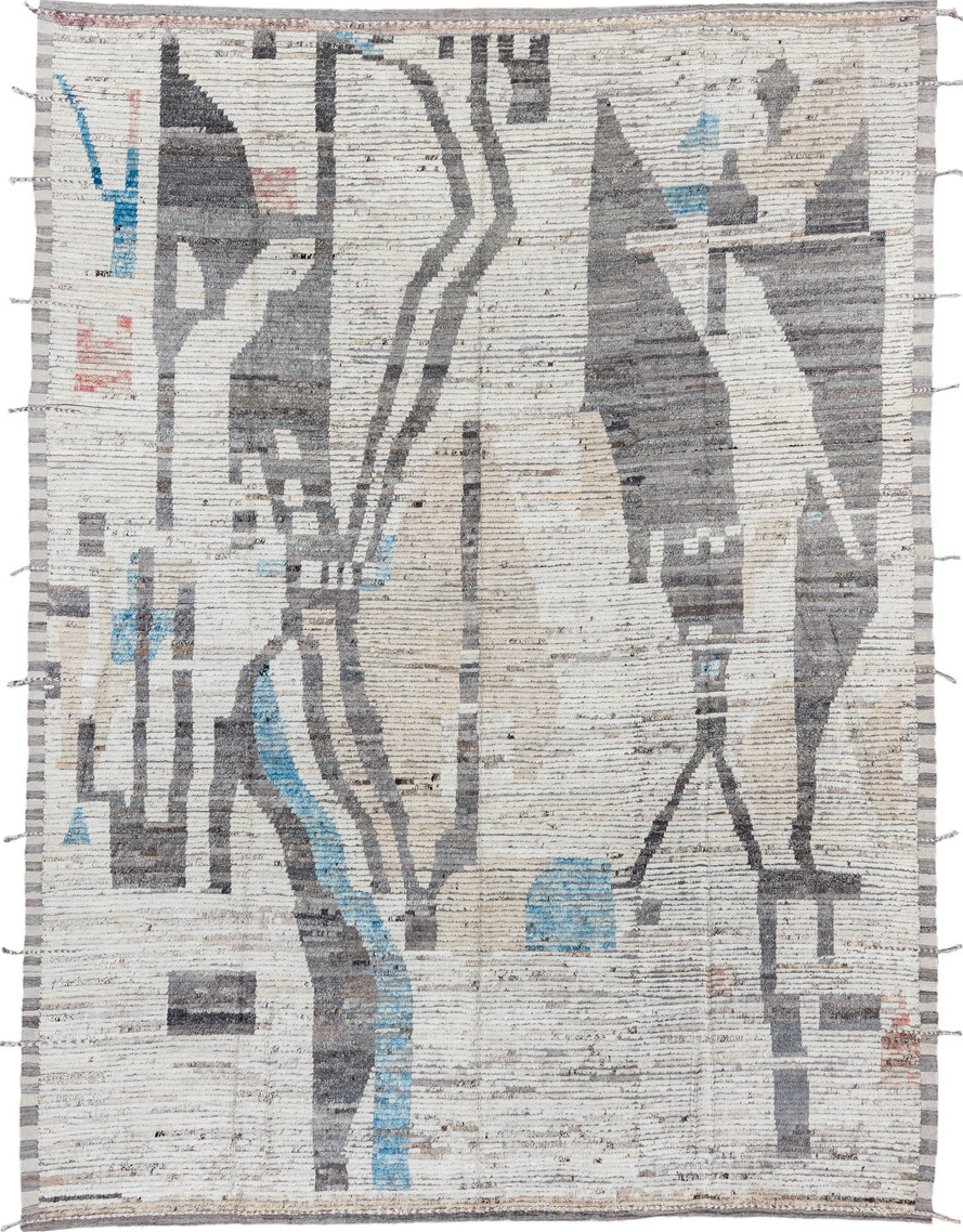 10' x 13' one-of-a-kind handmade vintage Tulu large size rug. Color palette: blue, dark gray, dim gray, gainsboro, gray