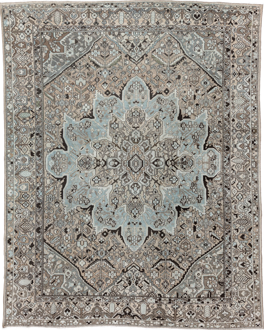 9' x 12' one-of-a-kind handmade vintage Baktiary large size rug. Color palette: light gray, off-white, gray, black, brown