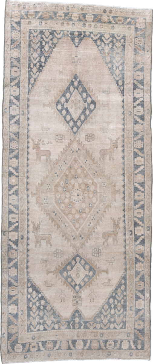 4' x 9' one-of-a-kind handmade vintage NW Persian runner rug. Color palette: dark gray, gray, light gray, off-white, pink