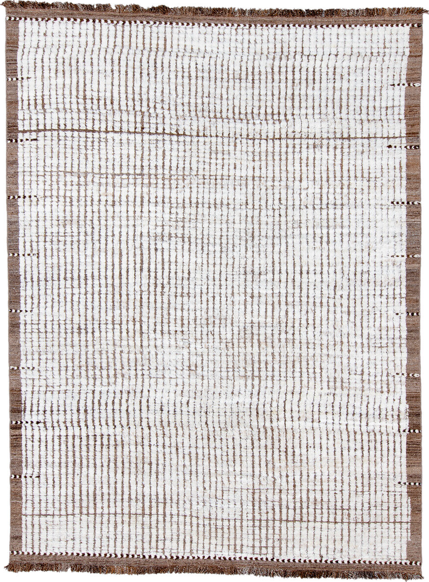 9' x 12' one-of-a-kind handmade vintage Tulu large size rug. Color palette: brown, gray, light gray, off-white, pink, silver