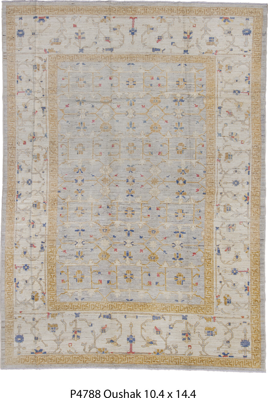 10' x 14' one-of-a-kind handmade vintage Oushak large size rug. Color palette: blue, brown, dark gray, dim gray, fiord, gray