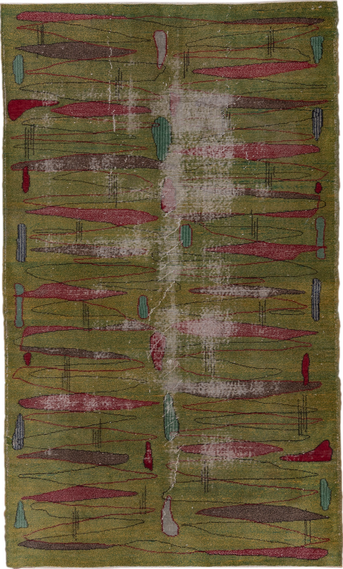 5' x 8' one-of-a-kind handmade vintage Art Deco medium size rug. Color palette: brown, gray, pink, red, redwood, wine