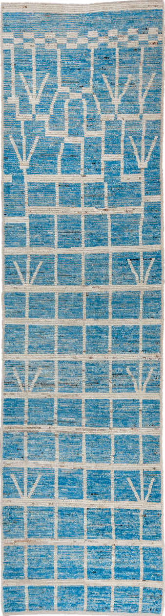 3' x 11' one-of-a-kind handmade vintage Tulu runner rug. Color palette: arapawa, blue, dark gray, gray, light blue