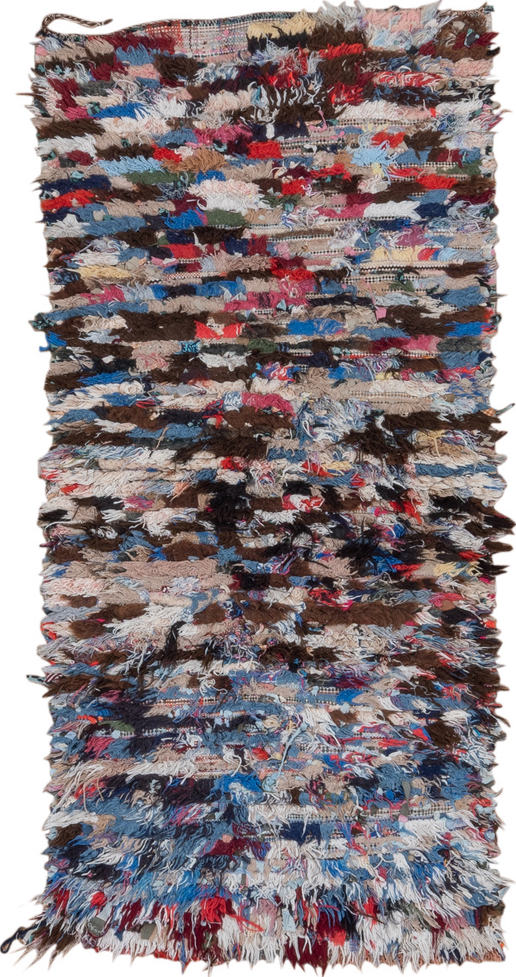 2' x 6' one-of-a-kind handmade vintage Rag Rug runner rug. Color palette: blue, brown, gray, light blue, light gray