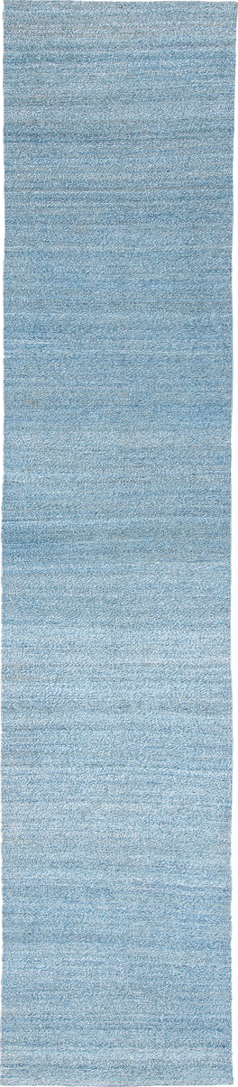3' x 15' one-of-a-kind handmade vintage Kilim runner rug. Color palette: blue, gray, light blue, light gray