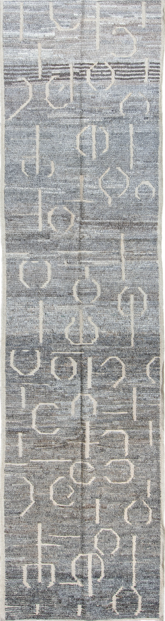 3' x 11' one-of-a-kind handmade vintage Tulu runner rug. Color palette: dim gray, gainsboro, gray, light blue, light gray