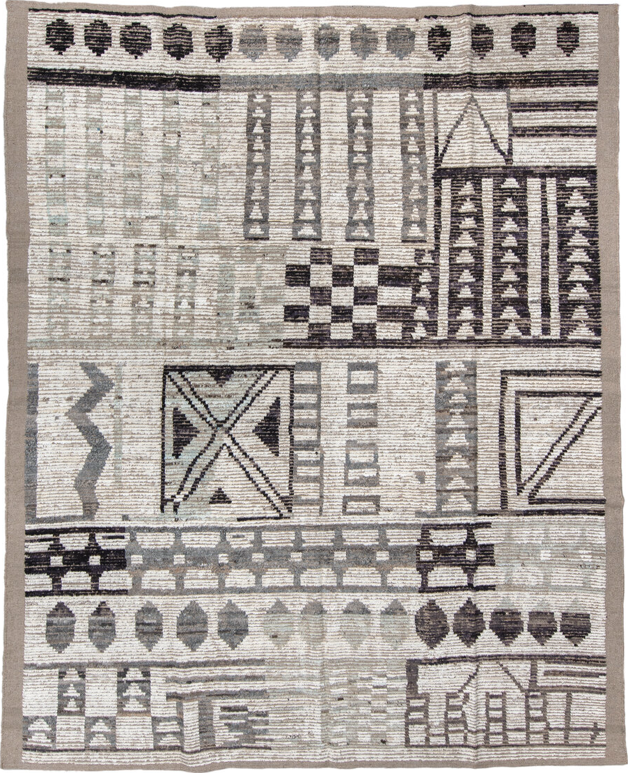 8' x 10' one-of-a-kind handmade vintage Tulu large size rug. Color palette: off-white, gray, light gray, black, gainsboro