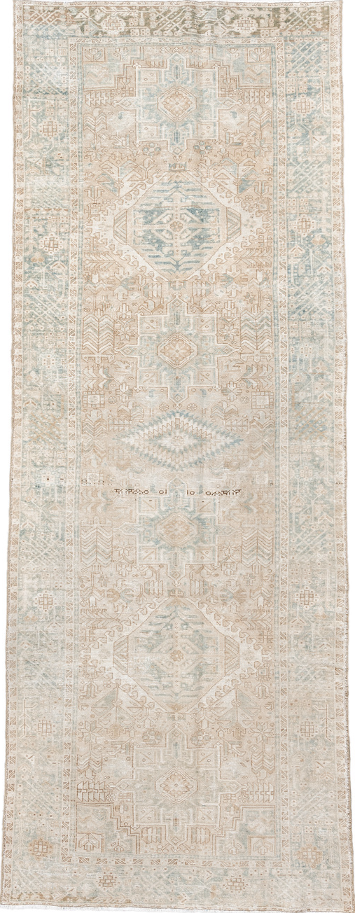 4' x 12' one-of-a-kind handmade vintage Karaje runner rug. Color palette: antiquewhite, brown, dark gray, gainsboro, gray