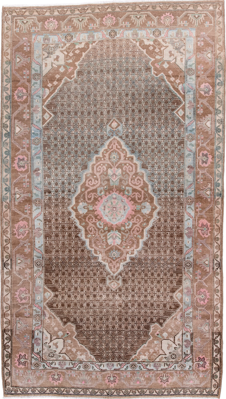 5' x 8' one-of-a-kind handmade vintage Sarouk medium size rug. Color palette: brown, dark gray, gray, light gray, off-white