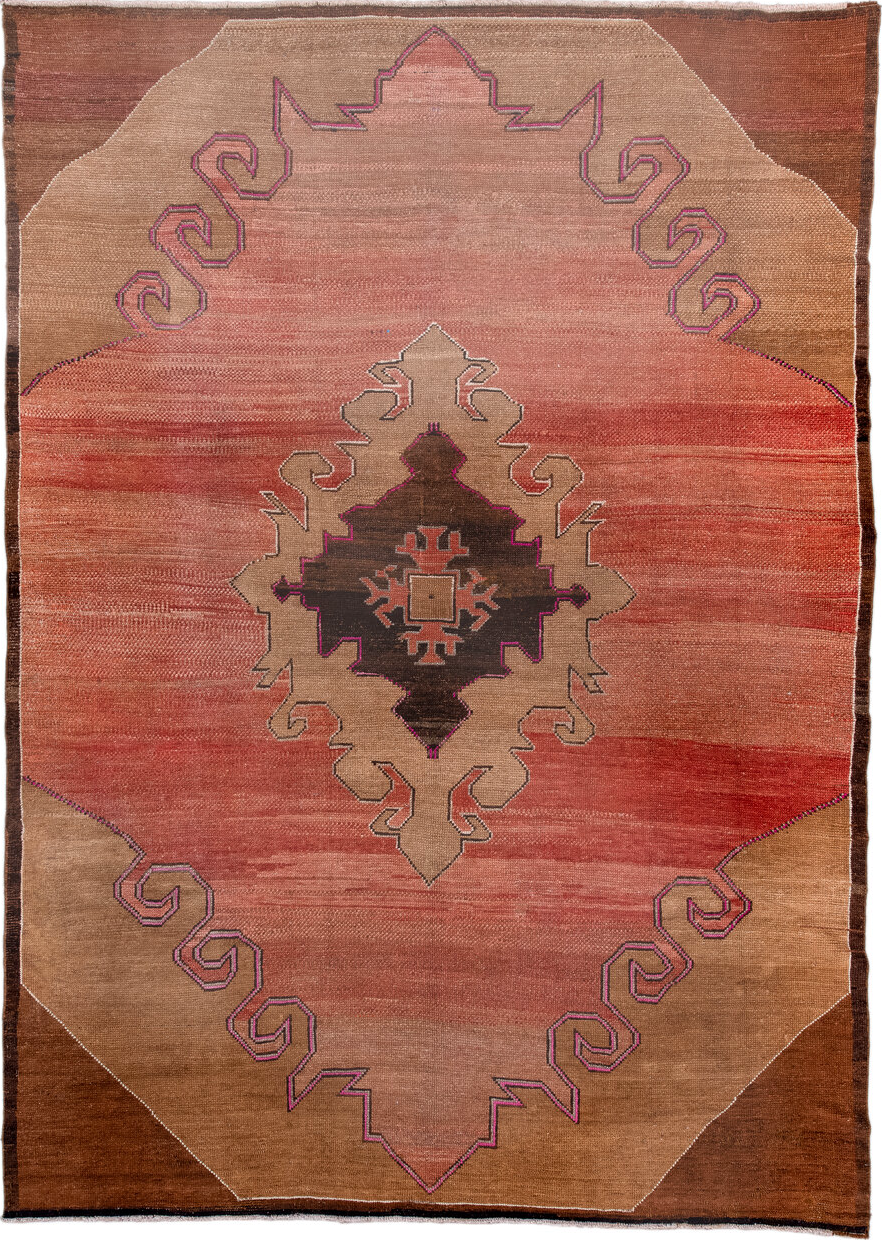 7' x 10' one-of-a-kind handmade vintage Kars large size rug. Color palette: brown, gray, pink, red, redwood