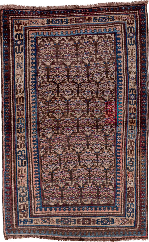 3' x 6' one-of-a-kind handmade vintage Kurd small size rug. Color palette: blue, brown, fiord, gray, pink, redwood