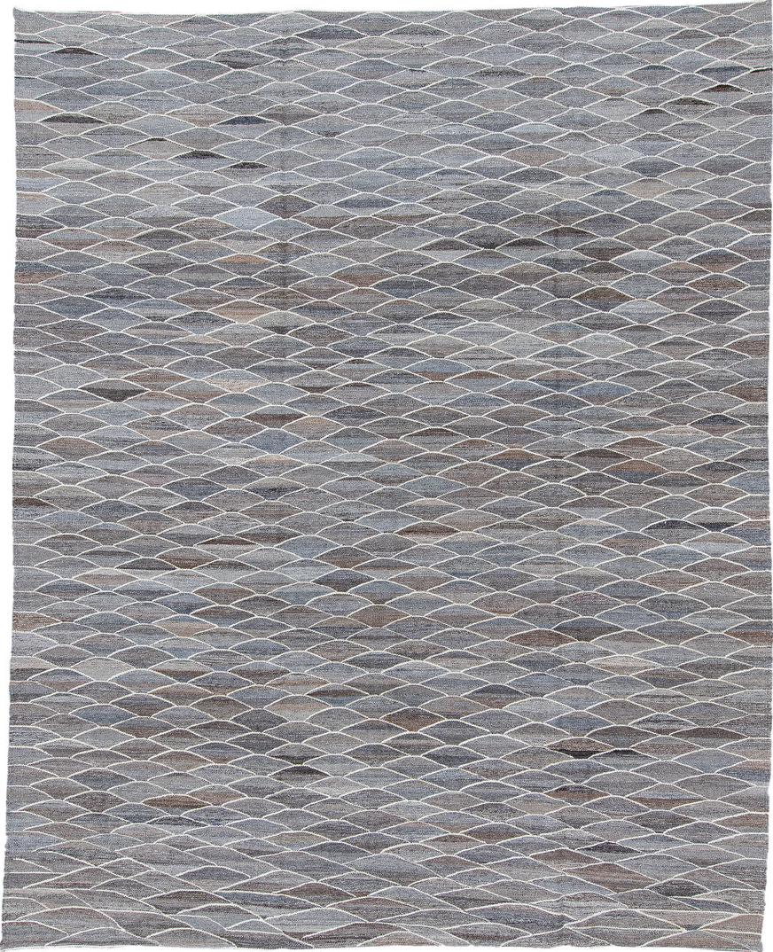 9' x 11' one-of-a-kind handmade vintage Kilim large size rug. Color palette: black, charcoal, dark gray, dim gray, gainsboro