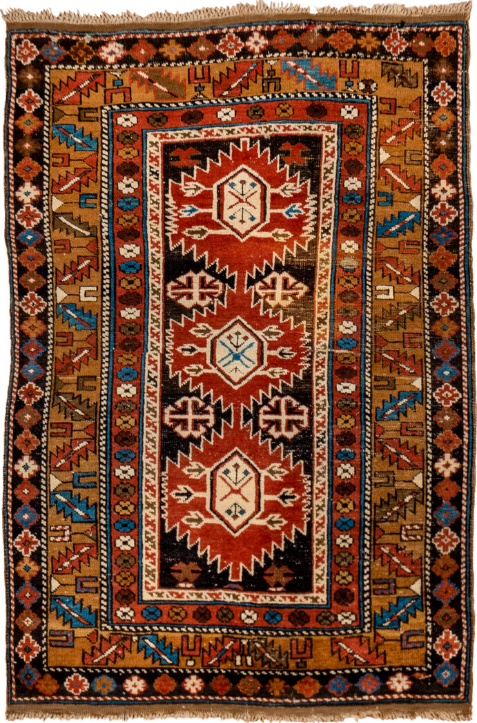 3' x 4' one-of-a-kind handmade vintage Shirvan small size rug. Color palette: black, blue, brown, charcoal, gray, maroon