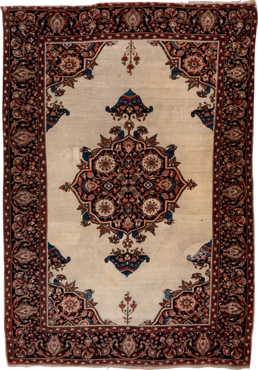 4' x 6' one-of-a-kind handmade vintage Far.Sarouk small size rug. Color palette: black, blue, brown, charcoal, gray
